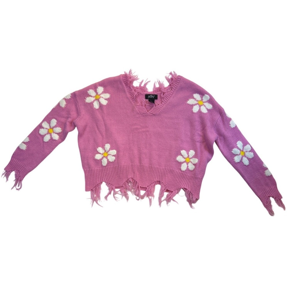 Just Polly New York Sweater Womens Small Pink Cropped Flower Fringe Pullover